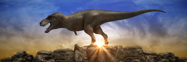 Dinosaurs on rock mountain at sunset. 3d rendering