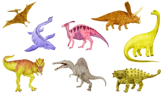 Dinosaurs set isolated on white. Tyrannosaurus, Spinosaurus, Pteranodon, Ankylosaurus, Mosasaurus. Watercolor