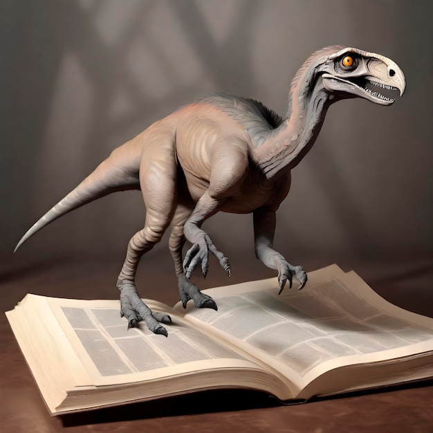 Foto dinosaurus die staat op de pagina's van een open boek wetenschappelijke artikelen encyclopedie paleontologie leerboek