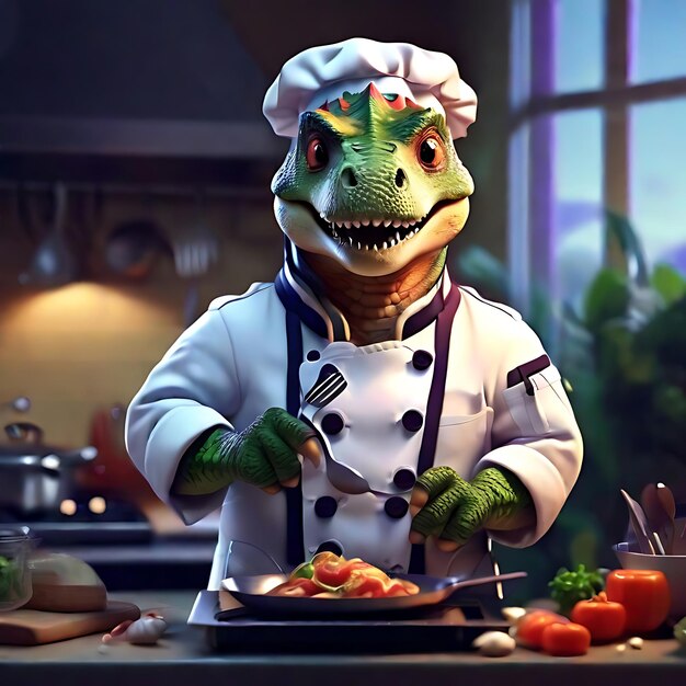 Foto dinosaurus in chef uniform koken diner in de keuken generatieve ai