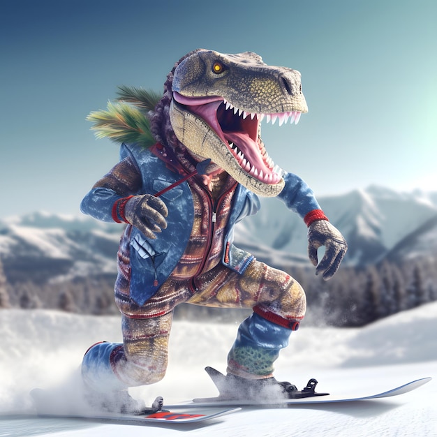 Foto dinosaurus met ski's op een sneeuwbaan loopt bergafwaarts in een prachtig alpin landschap sportconcept