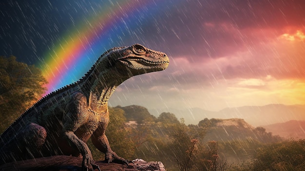 Dinosaurus onder een regenboog in een prachtig landschap