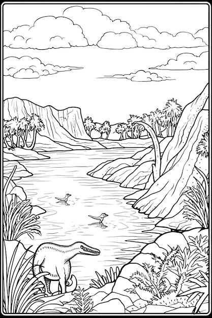 Dinosaurus prehistorisch paradijs grenskader op blanco boek kleurplaat