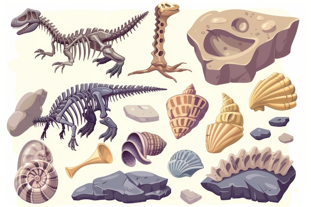 Dinosaurusfossielen begraven slakken schelpen paleontologie vindt illustratie van enkele stenen secties met gefossiliseerde botten van prehistorische reptielen en ammoniten