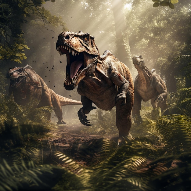 Dinosaurussen in de jungle met zon die door de bomen schijnt.