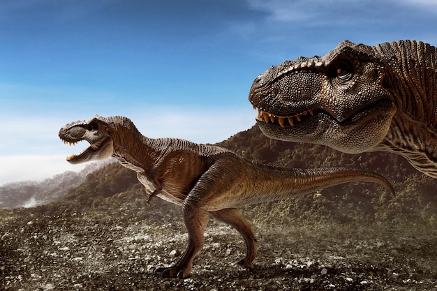 Dinosaurussen Tyrannosaurus rex op de top van de berg