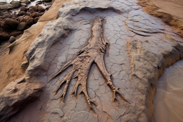 Dinosaurusvoetafdruk bewaard gebleven in moddersteen gecreëerd met generatieve ai