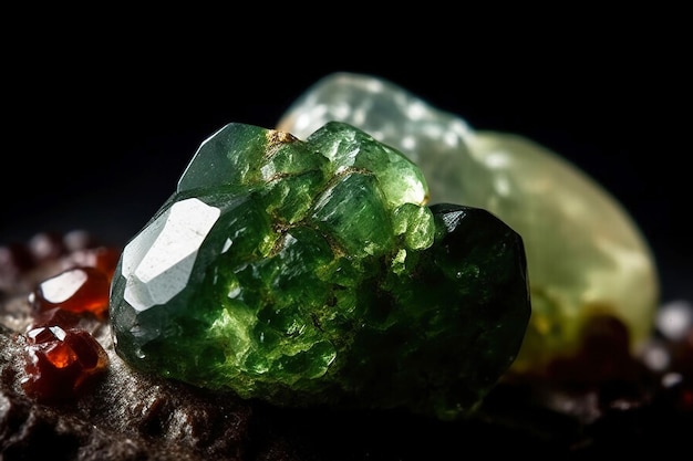 ダイオプサイド (Diopside) は黒い背景の上にある珍しい貴重な天然石ですAIが生成したヘッダーバナーのモックアップです