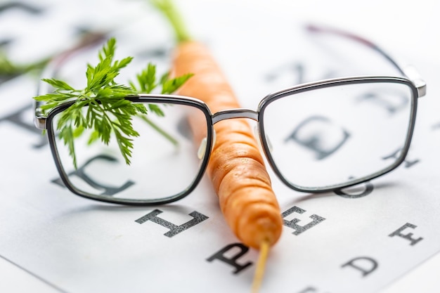 Dioptric glasses and how we have carrots Fun photo for healthy eyesight Glasses and carrot concept