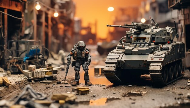 Diorama of a 2049 robotic war zone Digital warfare miniature