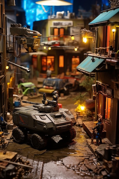 Diorama of a 2049 robotic war zone Digital warfare miniature