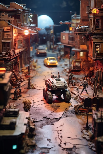 Diorama of a 2049 robotic war zone Digital warfare miniature