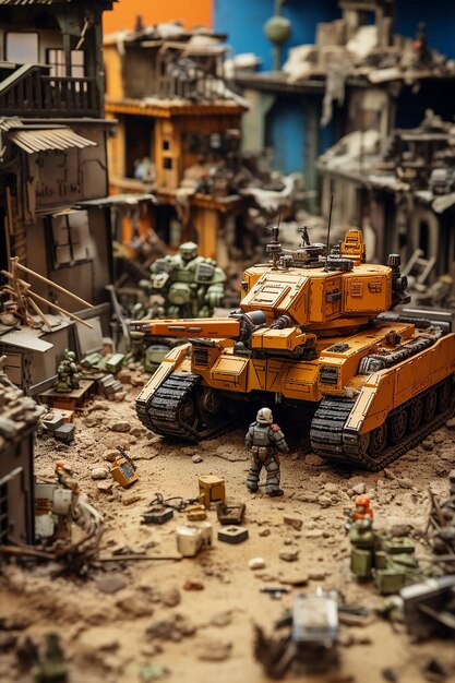 Foto diorama di una zona di guerra robotica del 2049 miniatura di guerra digitale