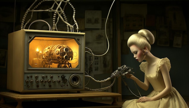 Photo a diorama of a 3d cell structure diagram and skeletal lady operating a vintage soviet era electronic