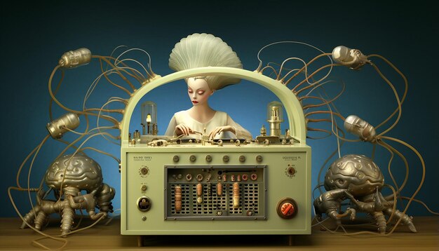 Foto un diorama di un diagramma di struttura cellulare 3d e una signora scheletrica che opera un'elettronica d'epoca sovietica vintage