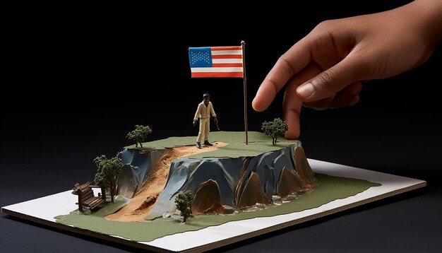 Photo diorama of a childs hand holding a tiny indian flag generated by artificial intelligence