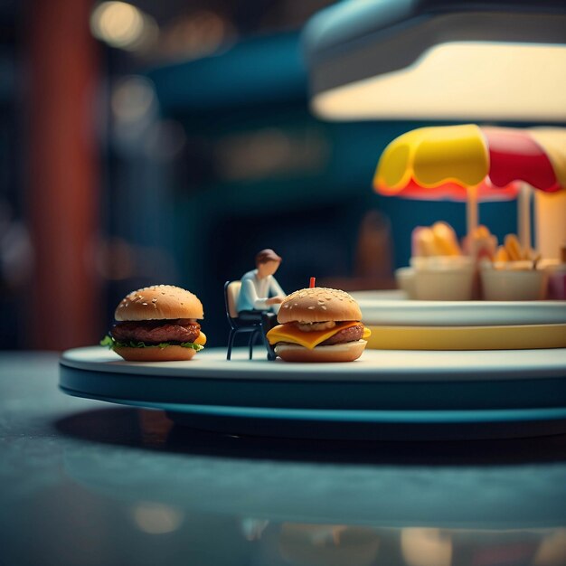 Diorama Fast Food Store Man eet Burger Franse friet Indoor Restaurant Miniatuur Micro Fotografie