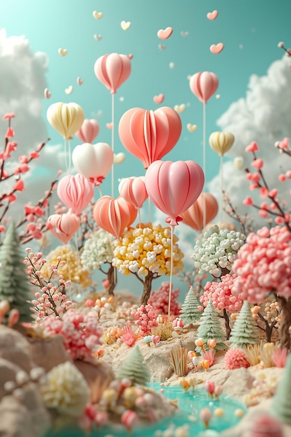 a diorama featuring a cluster of pastelcolored balloons