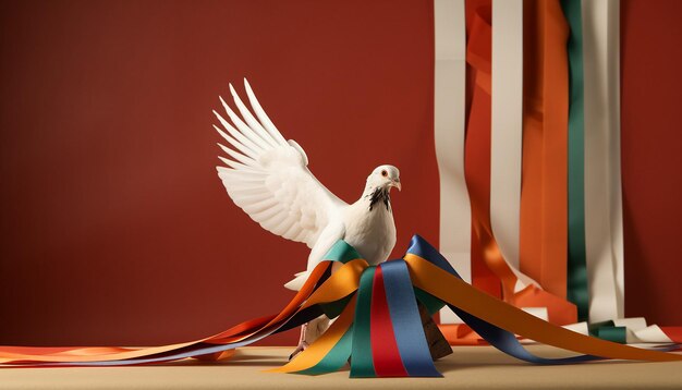 Diorama featuring a tiny dove perched on a tricolor ribbon generated by artificial intelligence