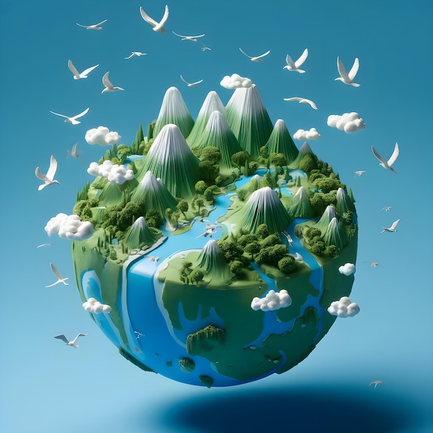 Foto diorama met een miniatuur ronde aarde die op een gewone blauwe achtergrond drijft