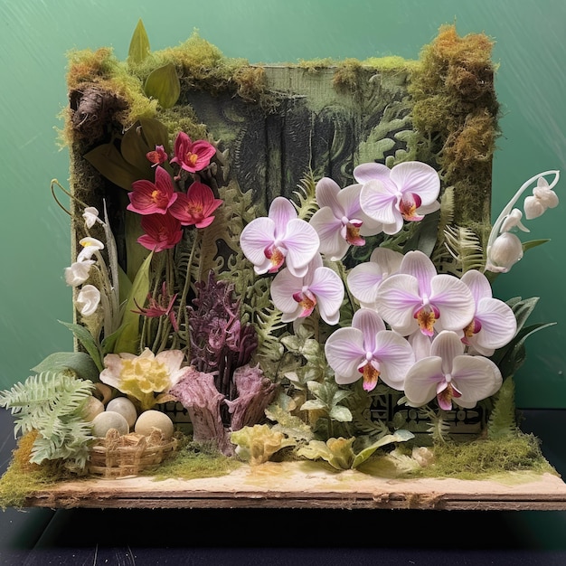 Photo diorama of orchid flower ai generative