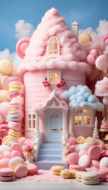 Photo diorama of pastel colored cotton candy house with cake whipped cream and macaron on a table