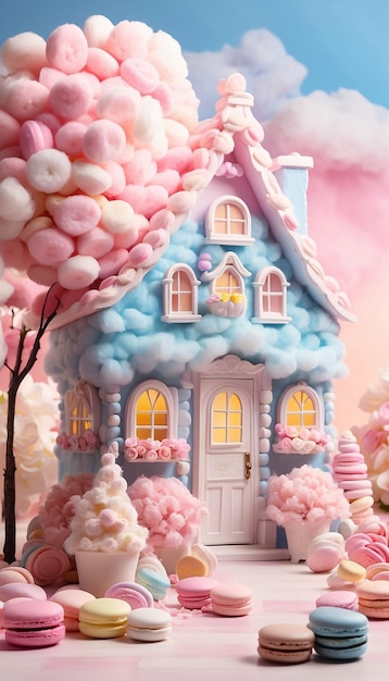 Photo diorama of pastel colored cotton candy house with cake whipped cream and macaron on a table