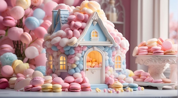 Photo diorama of pastel colored cotton candy house with cake whipped cream and macaron on a table