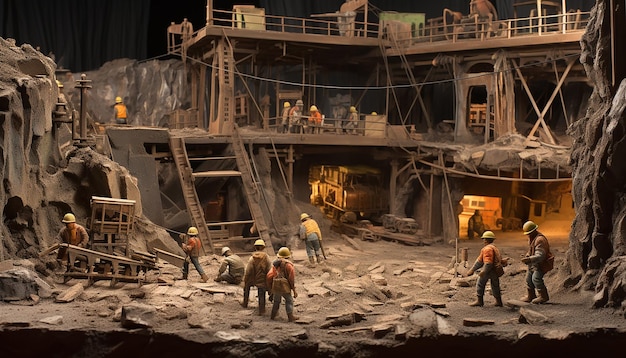 Diorama scale wide angle view of a group of miners working in a gold mine