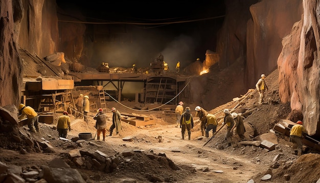 金鉱山で働く鉱山労働者のグループのジオラマ スケールの広角ビュー