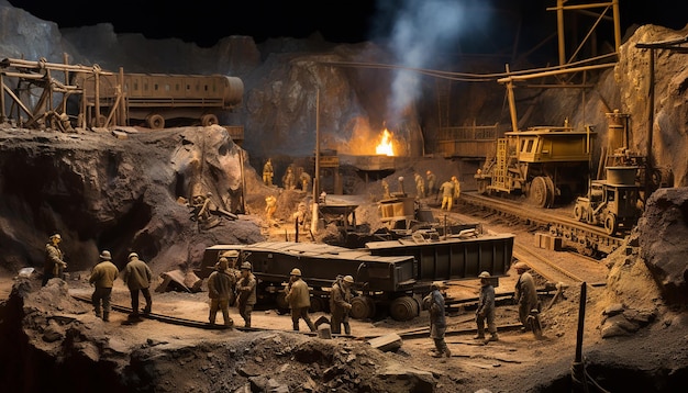 Diorama scale wide angle view of a group of miners working in a gold mine