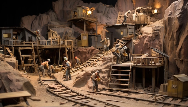 Diorama scale wide angle view of a group of miners working in a gold mine