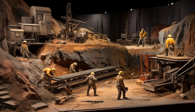 Diorama scale wide angle view of a group of miners working in a gold mine