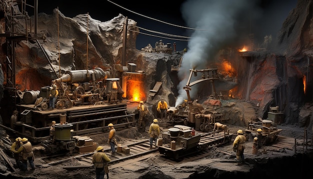 金鉱山で働く鉱山労働者のグループのジオラマ スケールの広角ビュー