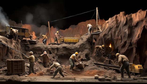 Широкоугольный вид в масштабе диорамы на группу горняков, работающих на золотом руднике