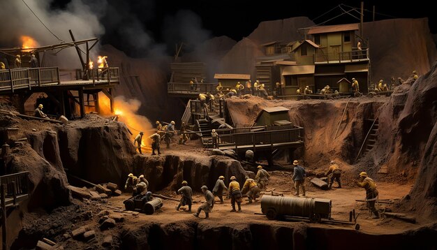 Diorama scale wide angle view of a group of miners working in a gold mine