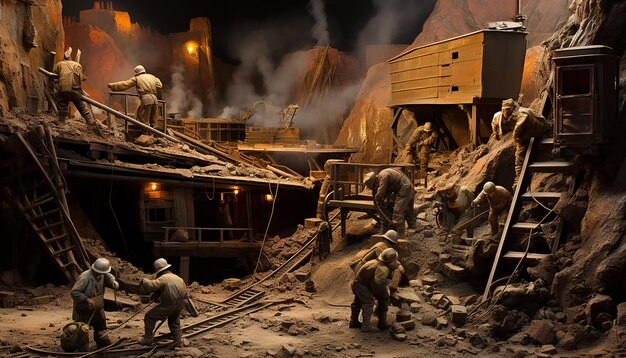 Diorama scale wide angle view of a group of miners working in a gold mine