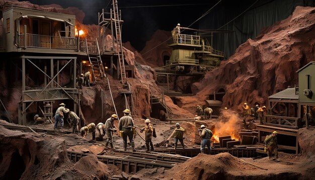 Diorama scale wide angle view of a group of miners working in a gold mine