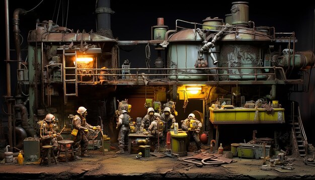 diorama of a toxic waste factory taken over by zombies