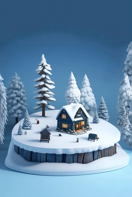 Diorama van een blauw houten huis met dennenbomen eromheen bedekt met sneeuw