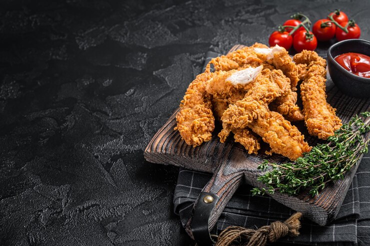 Обжаренные в панировке полоски куриной грудки с томатным кетчупом на деревянной доске Черный фон Вид сверху Копирование пространства