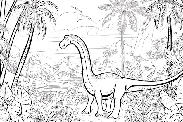 Diplodocus Dinosaur Black White Linear Doodles Line Art Coloring Page Kids Coloring Book