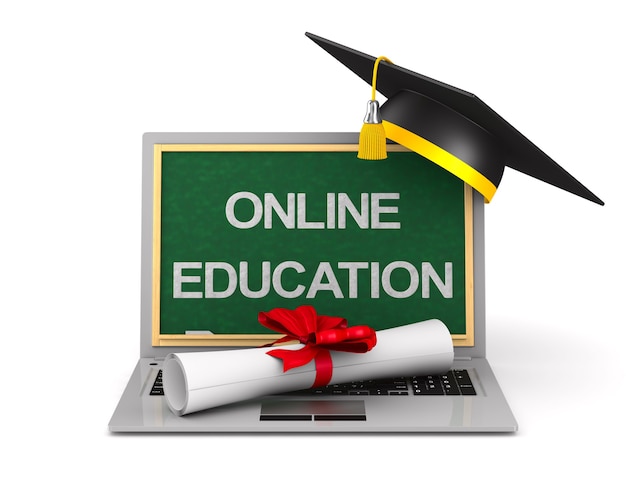 Diploma, laptop en afstudeerpet op wit
