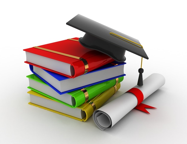 Diploma uitreiking. Mortarboard, diploma en boeken. 3D-gerenderde afbeelding