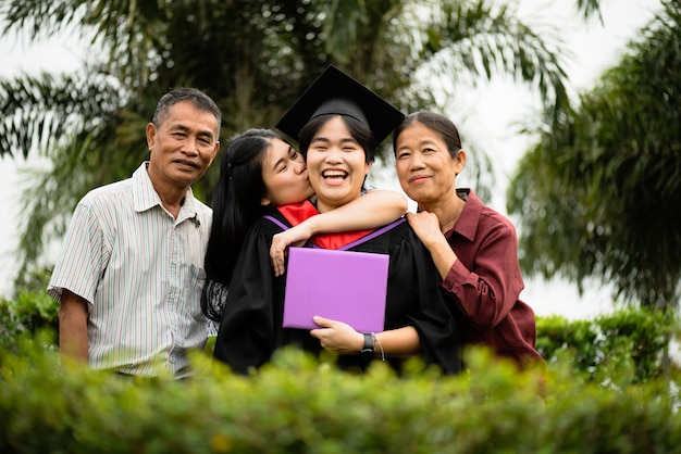 Diploma uitreiking. Ouders en familie feliciteren de leerling