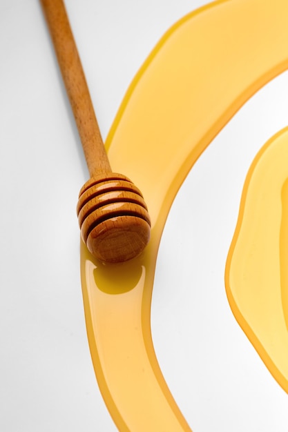 Foto merlo acquaiolo per il miele si trova nel miele liquido su uno sfondo bianco