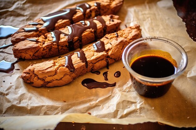 Dipping biscotti in melted chocolate on parchment paper