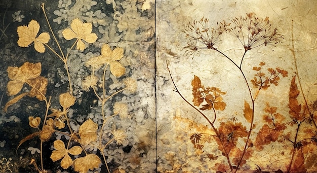 A diptych of abstract autumn background in vintage style Chemigram and photogram image created using Generative AI technology