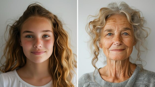 Photo a diptych contrasting youthful radiance with aged wisdom through two portraits