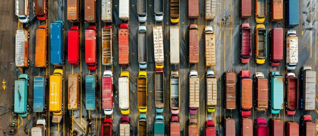 Photo direct aerial perspective of fresh cars prepared for export showcasing their systematic lineup